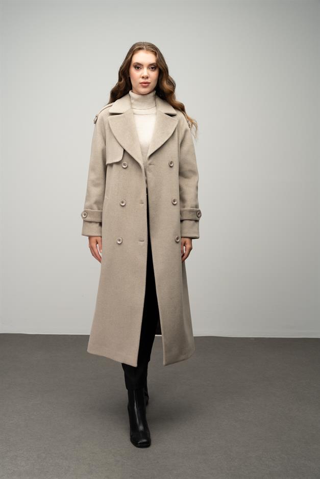 Raglan Sleeve Double Breasted Coat with Epaulette and Cape Detail STONE 3045