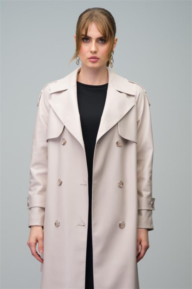 Raglan Sleeve Double Breasted Leather Trench Coat with Epaulette and Cape Detail STONE 6610