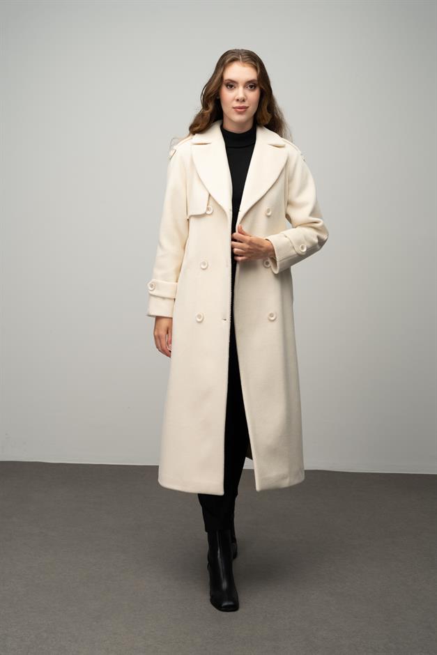 Raglan Sleeve Double Breasted Coat with Epaulette and Cape Detail IVORY 3045