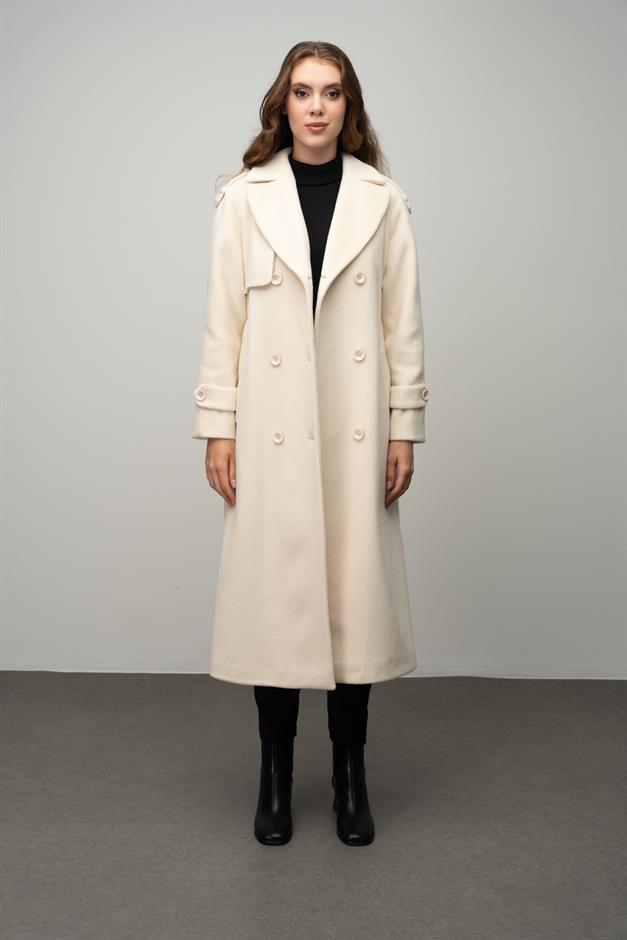 Raglan Sleeve Double Breasted Coat with Epaulette and Cape Detail IVORY 3045