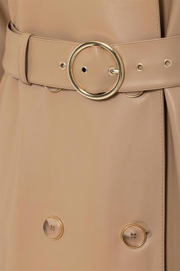Raglan Sleeve Double Breasted Leather Trench Coat with Epaulette and Cape Detail CAMEL 6610