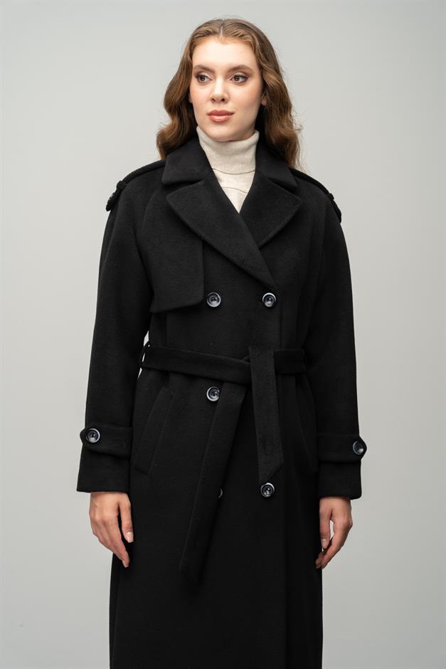Raglan Sleeve Double Breasted Coat with Epaulette and Cape Detail BLACK 3045