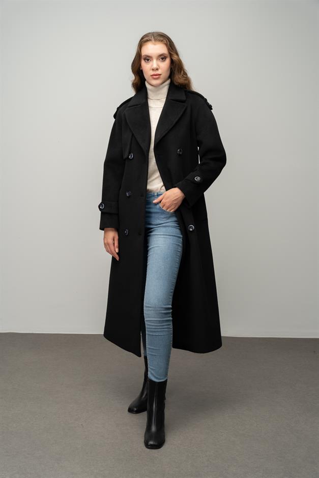 Raglan Sleeve Double Breasted Coat with Epaulette and Cape Detail BLACK 3045