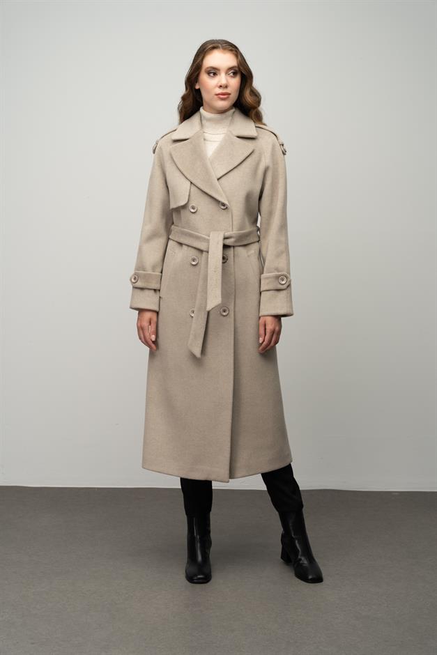 Raglan Sleeve Double Breasted Coat with Epaulette and Cape Detail STONE 3045
