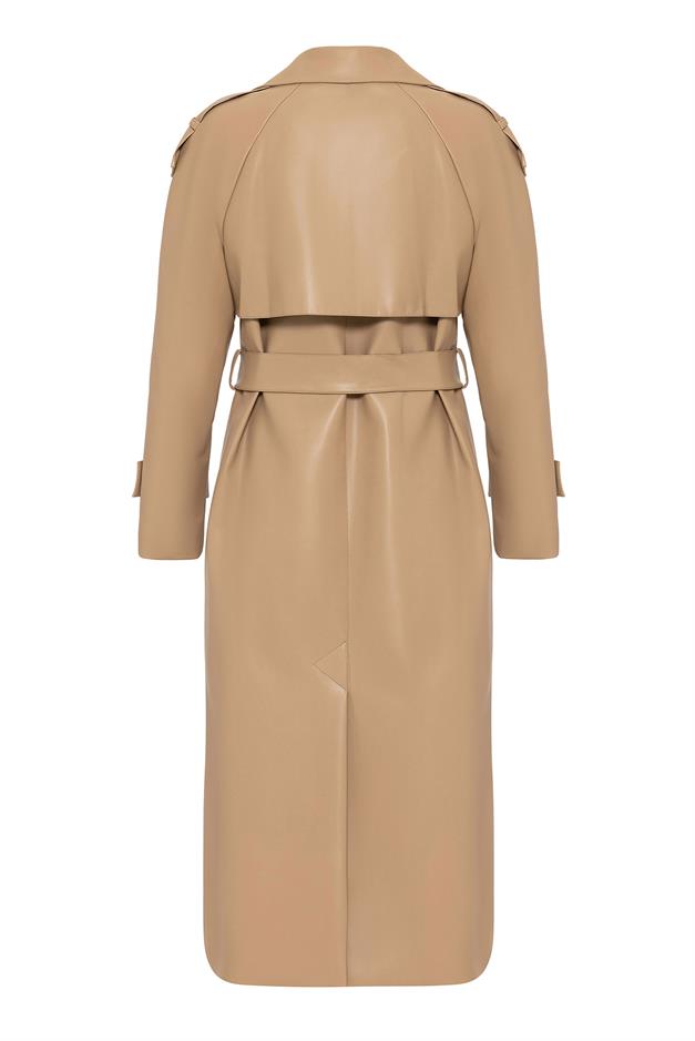 Raglan Sleeve Double Breasted Leather Trench Coat with Epaulette and Cape Detail CAMEL 6610