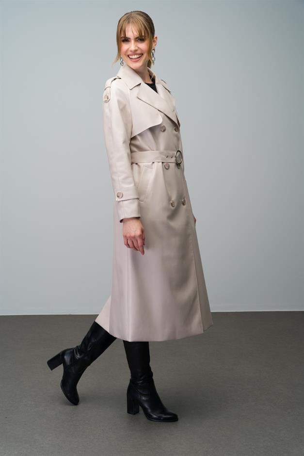 Raglan Sleeve Double Breasted Leather Trench Coat with Epaulette and Cape Detail STONE 6610