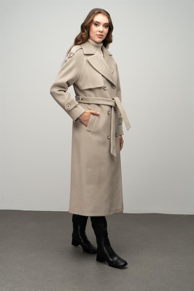 Raglan Sleeve Double Breasted Coat with Epaulette and Cape Detail STONE 3045