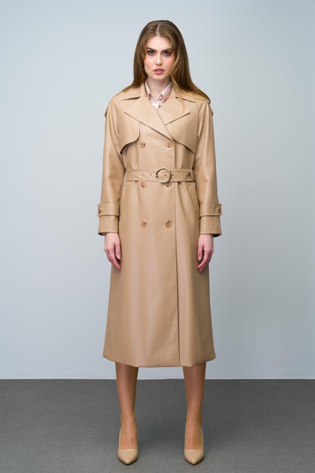 Raglan Sleeve Double Breasted Leather Trench Coat with Epaulette and Cape Detail CAMEL 6610
