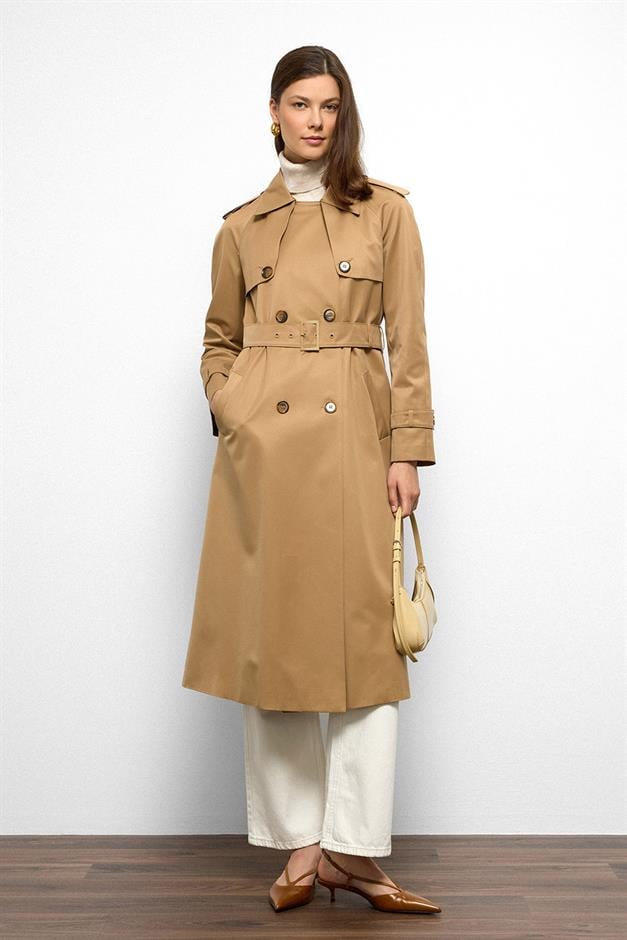 Raglan Sleeve Water Repellent Trench Coat with Epaulette and Cape Details K. KAMEL 6766