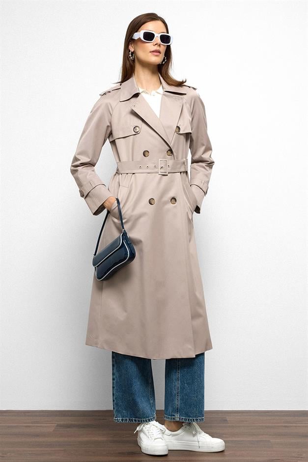Raglan Sleeve Water Repellent Trench Coat with Epaulette and Cape Details STONE 6766