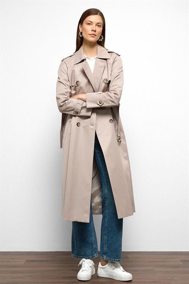 Raglan Sleeve Water Repellent Trench Coat with Epaulette and Cape Details STONE 6766