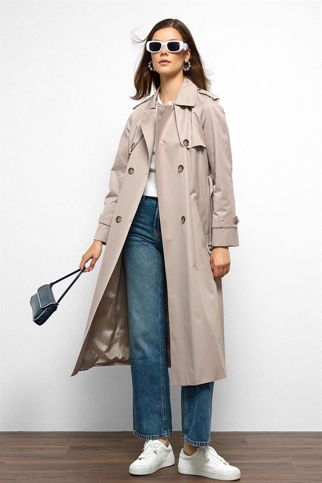 Raglan Sleeve Water Repellent Trench Coat with Epaulette and Cape Details STONE 6766