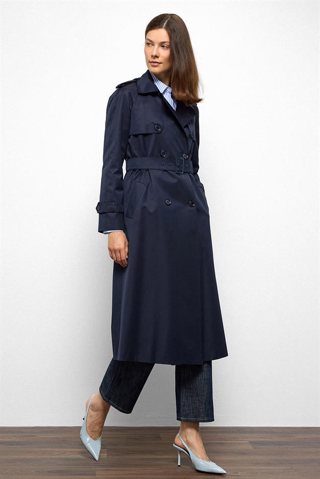 Raglan Sleeve Water Repellent Trench Coat with Epaulette and Cape Details NAVY 6766