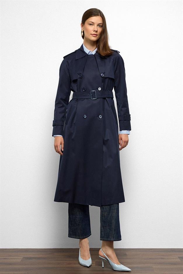 Raglan Sleeve Water Repellent Trench Coat with Epaulette and Cape Details NAVY 6766