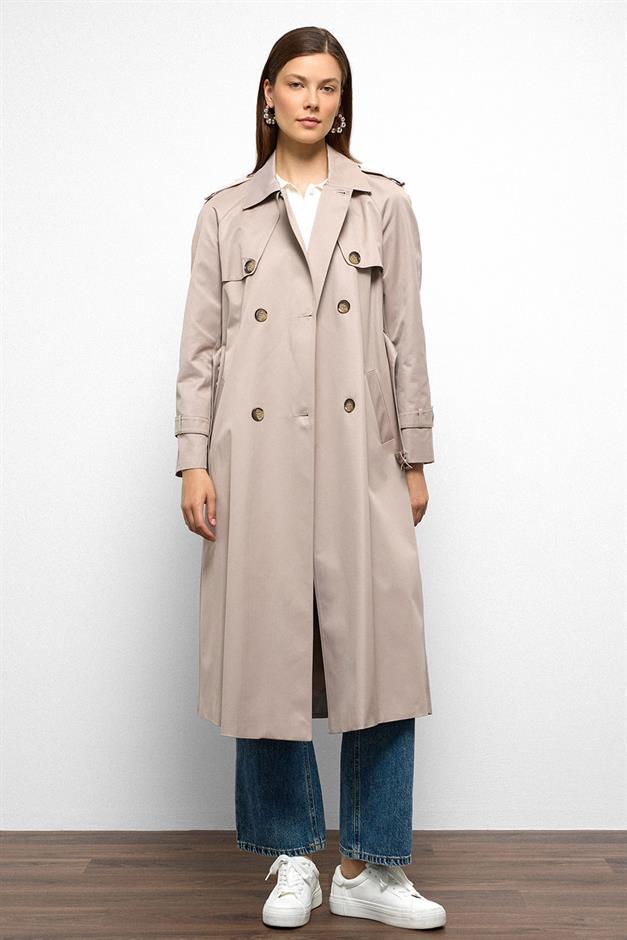Raglan Sleeve Water Repellent Trench Coat with Epaulette and Cape Details STONE 6766