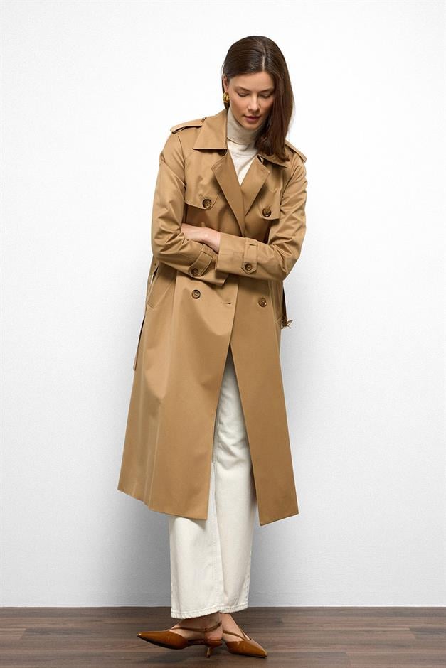 Raglan Sleeve Water Repellent Trench Coat with Epaulette and Cape Details K. KAMEL 6766