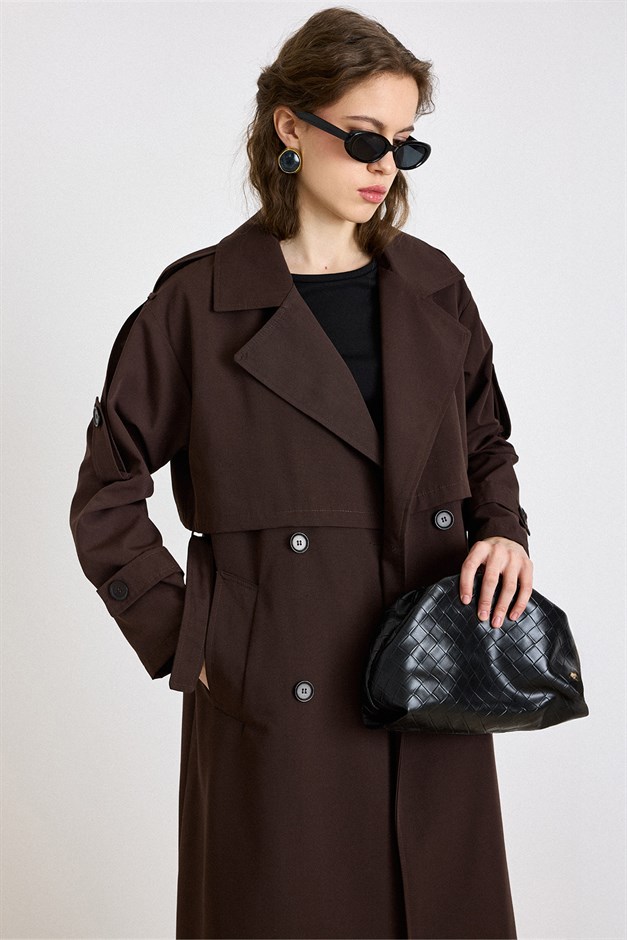Apolet ve Pelerin Detaylı Salaş Yarım Astarlı Trençkot KAHVE 6844