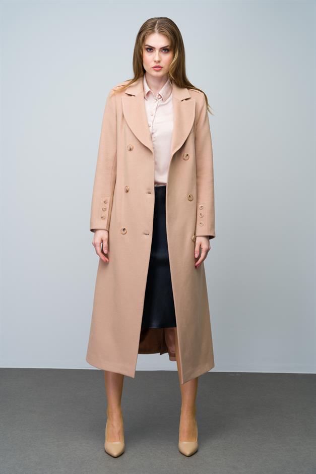 Double-Breasted Mid-Length Coat with Epaulette and Polo Pocket Details CAMEL 3009