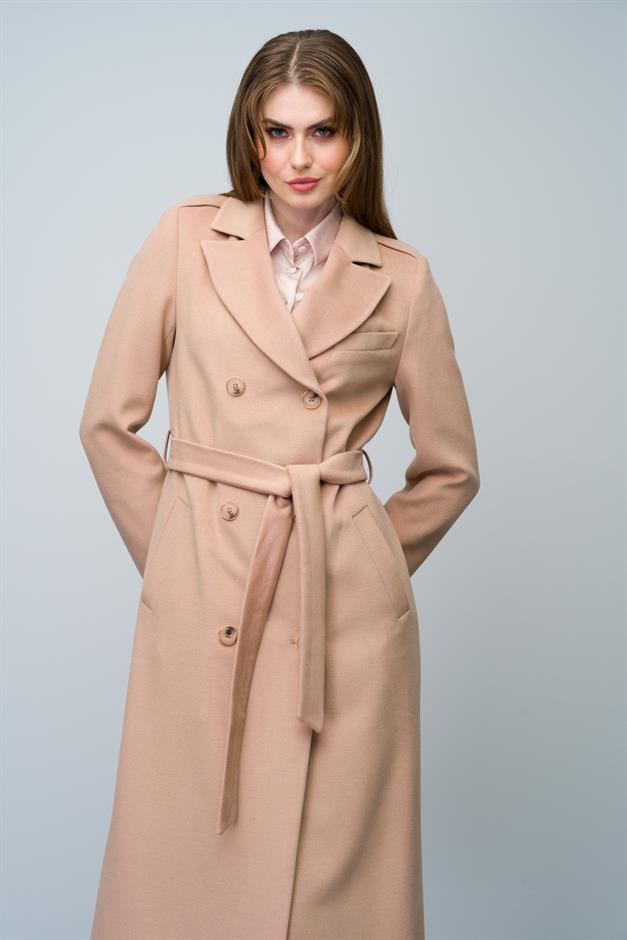Double-Breasted Mid-Length Coat with Epaulette and Polo Pocket Details CAMEL 3009