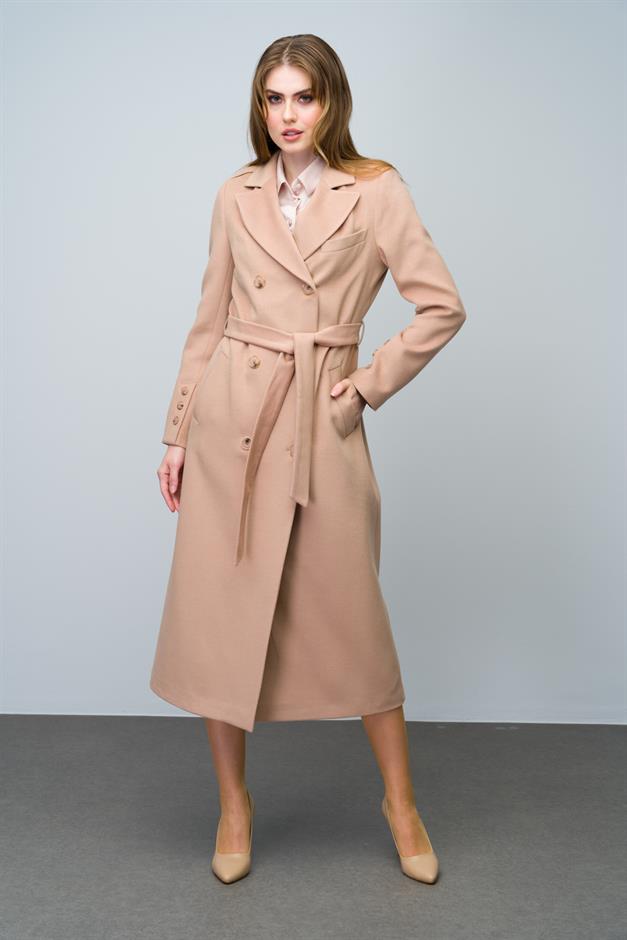 Double-Breasted Mid-Length Coat with Epaulette and Polo Pocket Details CAMEL 3009