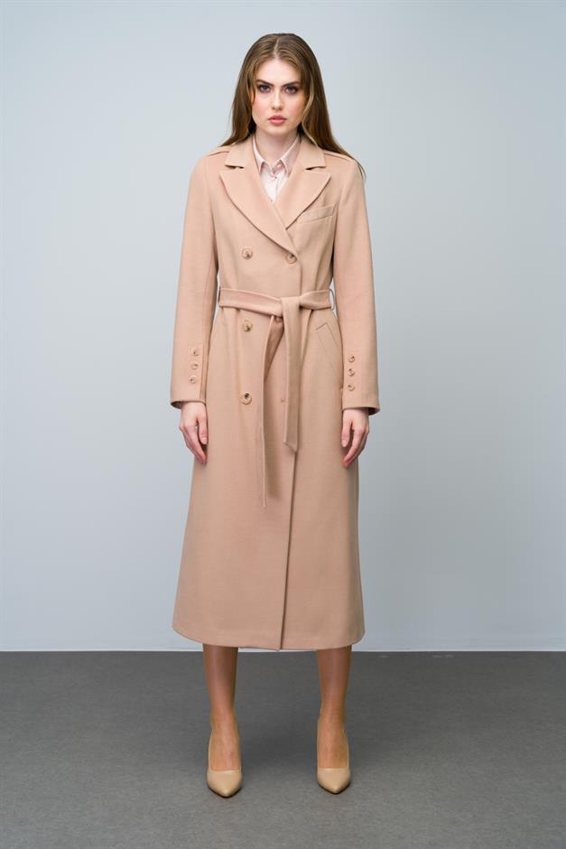 Double-Breasted Mid-Length Coat with Epaulette and Polo Pocket Details CAMEL 3009