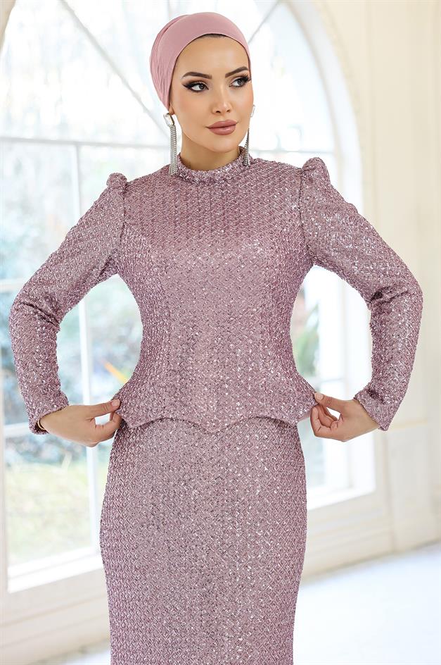 Arkası Bağcık Detaylı Payet Tesettür Abiye Elbise LİLA 1059