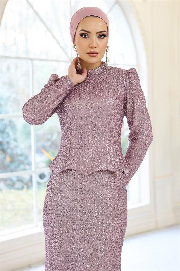 Arkası Bağcık Detaylı Payet Tesettür Abiye Elbise LİLA 1059