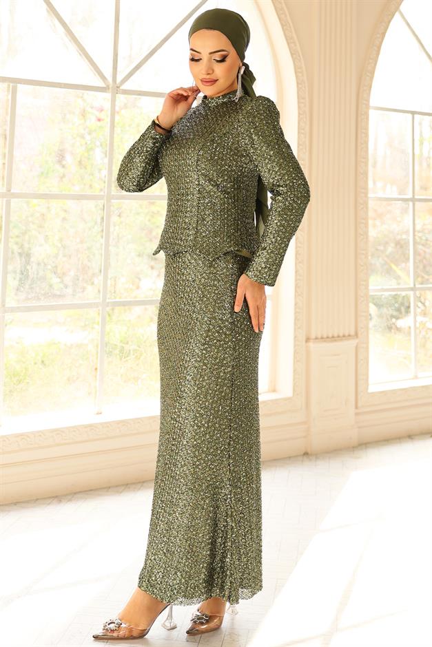 Arkası Bağcık Detaylı Payet Tesettür Abiye Elbise YEŞİL 1059