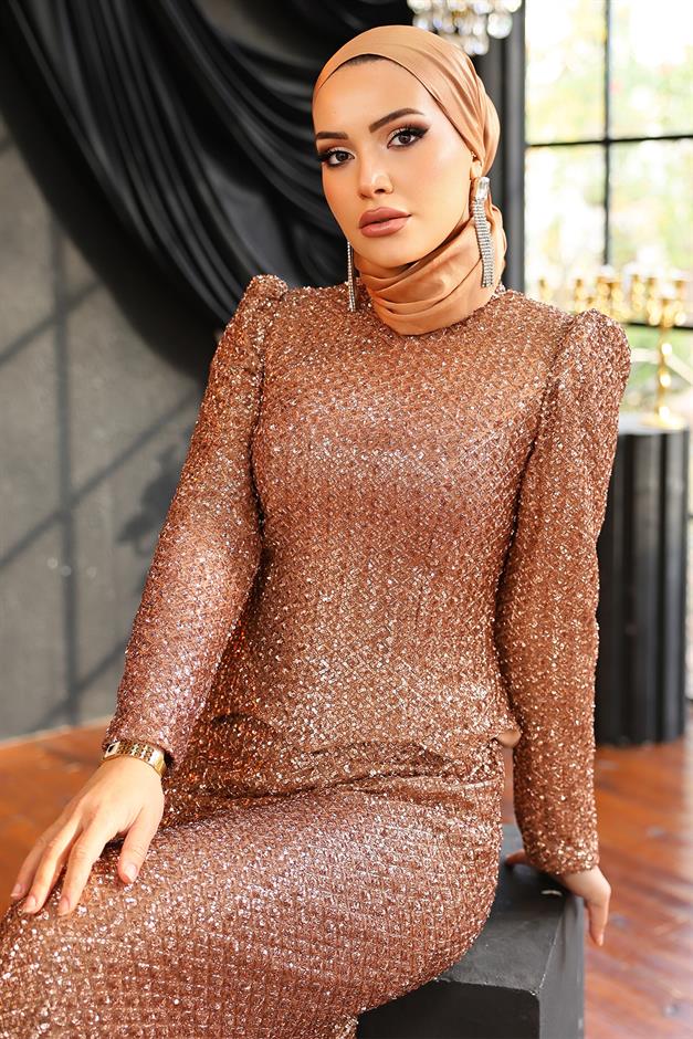 Arkası Bağcık Detaylı Payet Tesettür Abiye Elbise BAKIR 1059