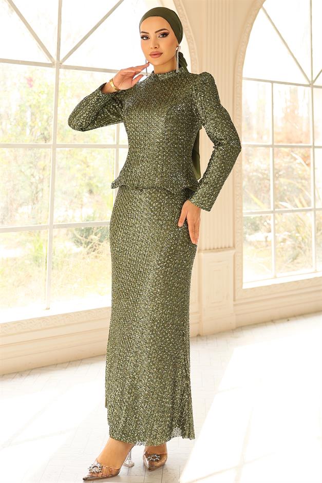 Arkası Bağcık Detaylı Payet Tesettür Abiye Elbise YEŞİL 1059