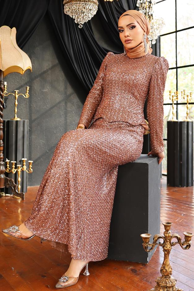 Arkası Bağcık Detaylı Payet Tesettür Abiye Elbise BAKIR 1059