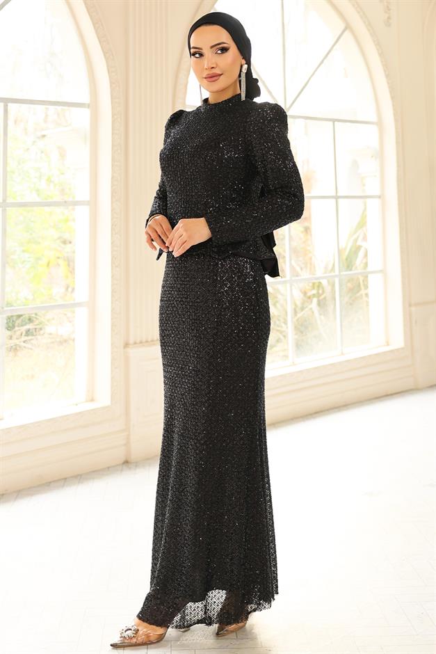 Arkası Bağcık Detaylı Payet Tesettür Abiye Elbise SİYAH 1059