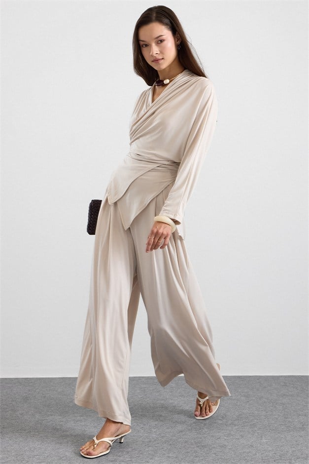Asimetrik Kesim Şalvar Pantolon Kimono Takım BEJ 9475-TK