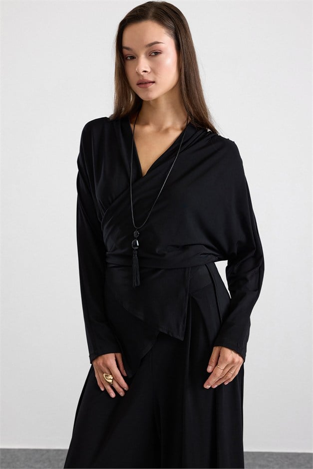 Asimetrik Kesim Şalvar Pantolon Kimono Takım SİYAH 9475-TK