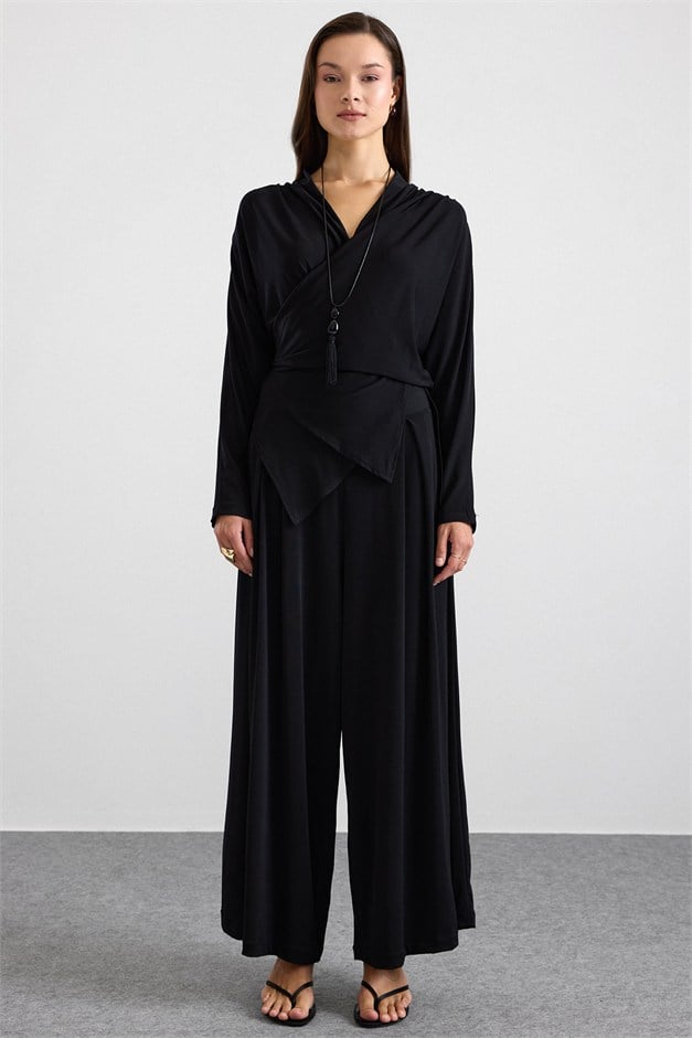Asimetrik Kesim Şalvar Pantolon Kimono Takım SİYAH 9475-TK