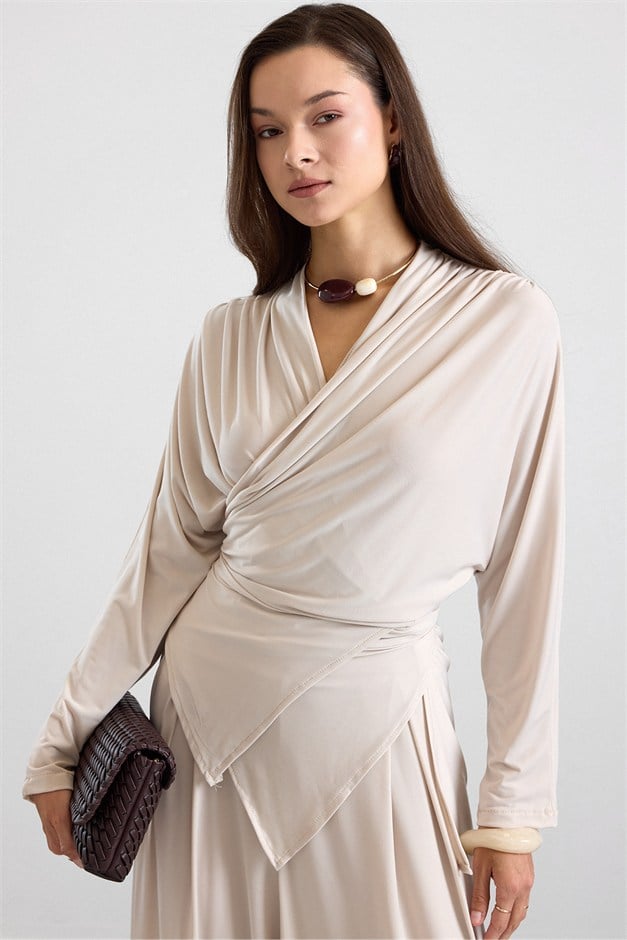 Asimetrik Kesim Şalvar Pantolon Kimono Takım BEJ 9475-TK