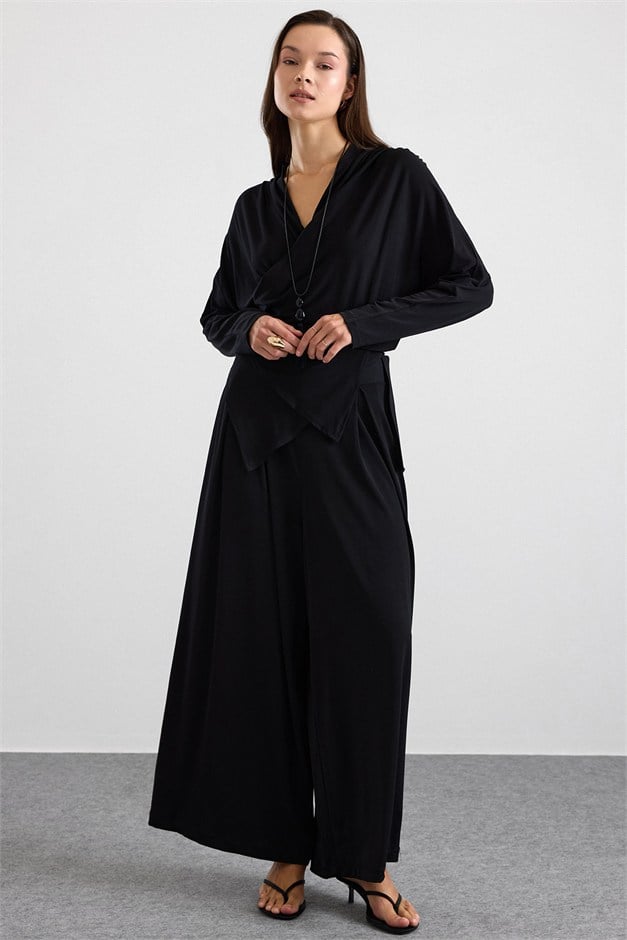Asimetrik Kesim Şalvar Pantolon Kimono Takım SİYAH 9475-TK