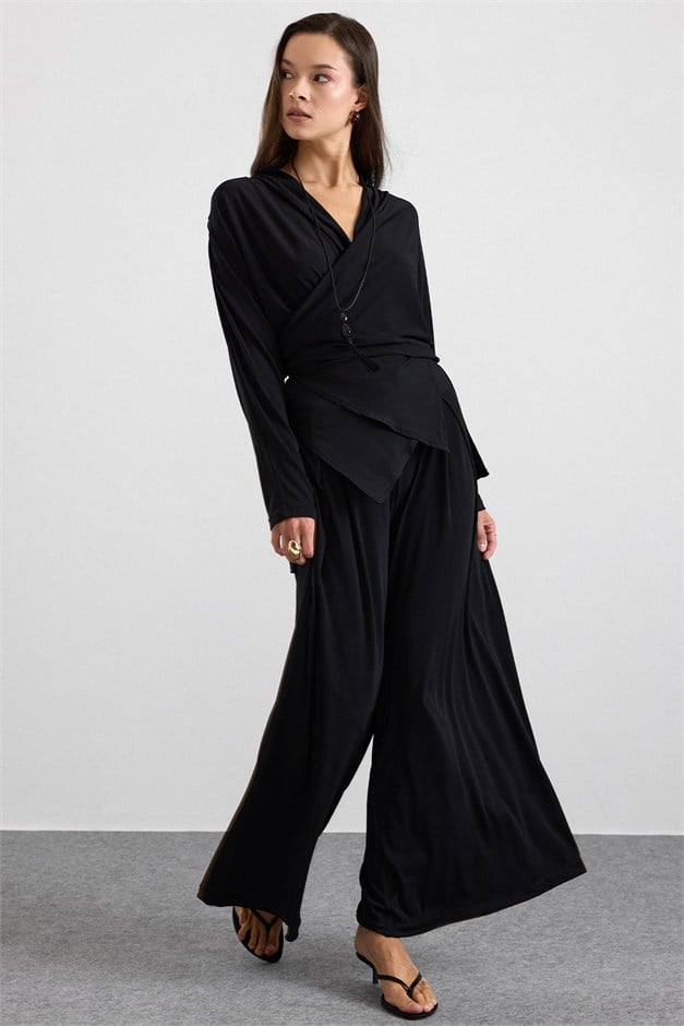 Asimetrik Kesim Şalvar Pantolon Kimono Takım SİYAH 9475-TK