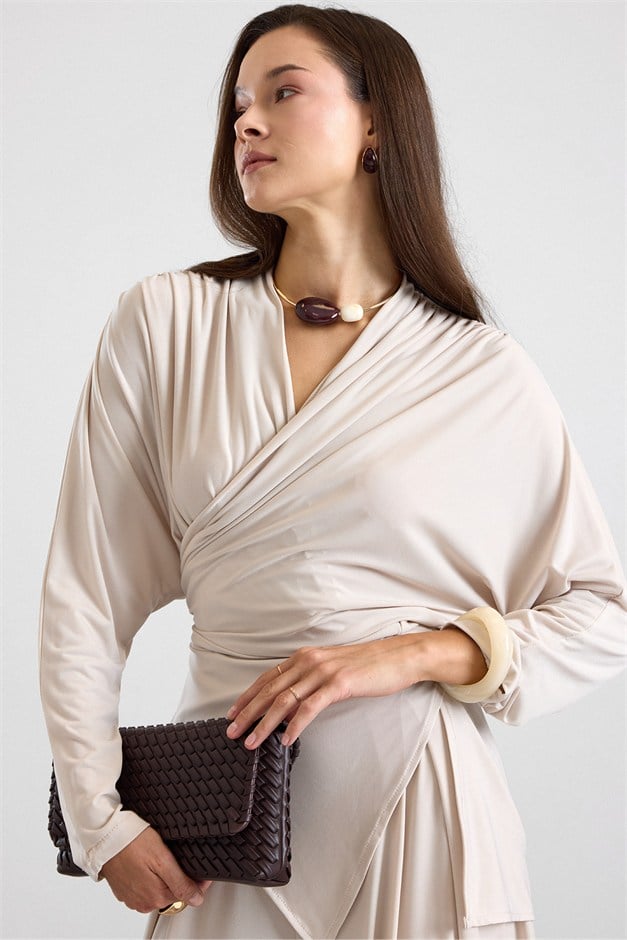 Asimetrik Kesim Şalvar Pantolon Kimono Takım BEJ 9475-TK