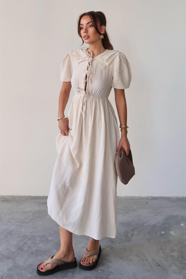 Pleated Muslin Dress with Lace Detail at Waist IVORY 9362-E