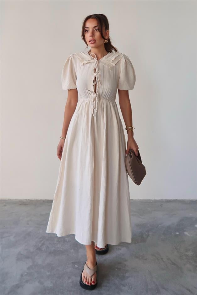 Pleated Muslin Dress with Lace Detail at Waist IVORY 9362-E