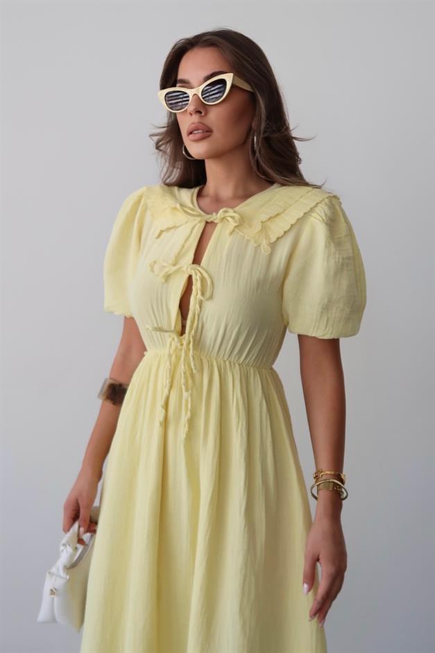 Pleated Muslin Dress with Lace Detail at Waist SARI 9362-E