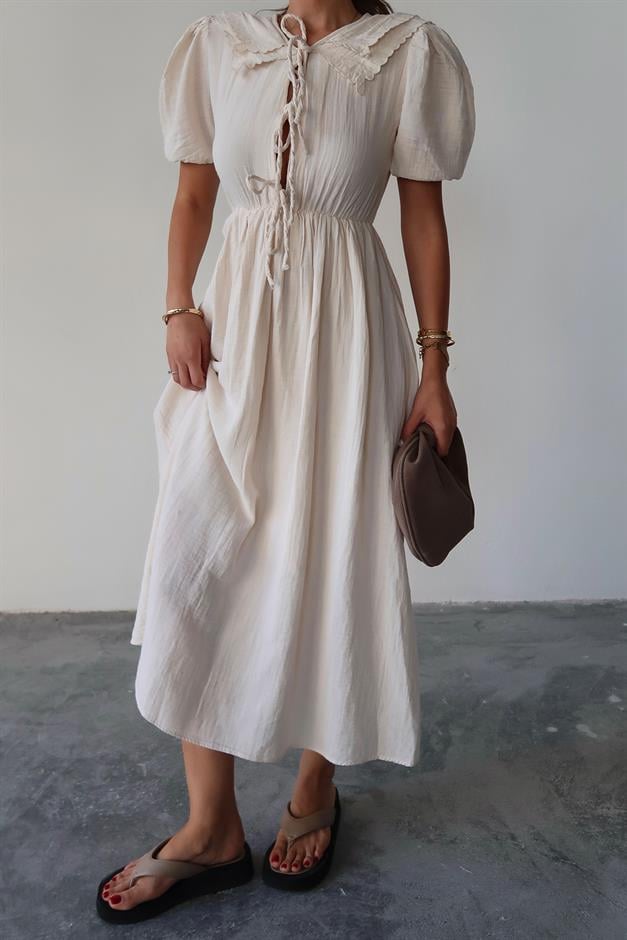 Pleated Muslin Dress with Lace Detail at Waist IVORY 9362-E