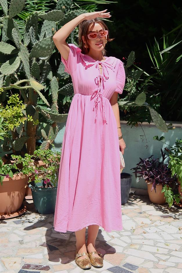 Pleated Muslin Dress with Lace Detail at Waist HORNS 9362-E