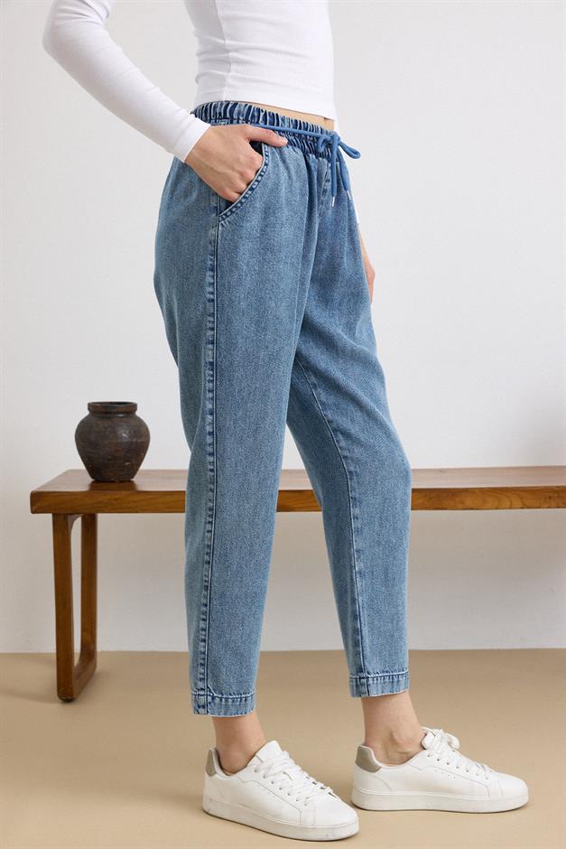 Bağcık Detaylı Beli Lastikli Soft Denim Pantolon MAVİ 7586
