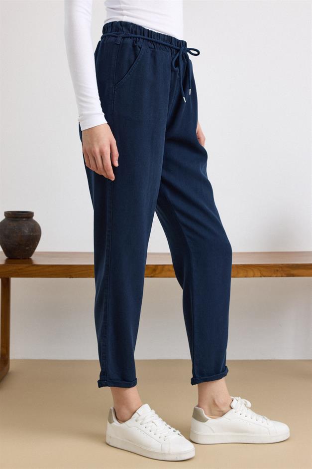 Bağcık Detaylı Beli Lastikli Soft Denim Pantolon LACİVERT 7586