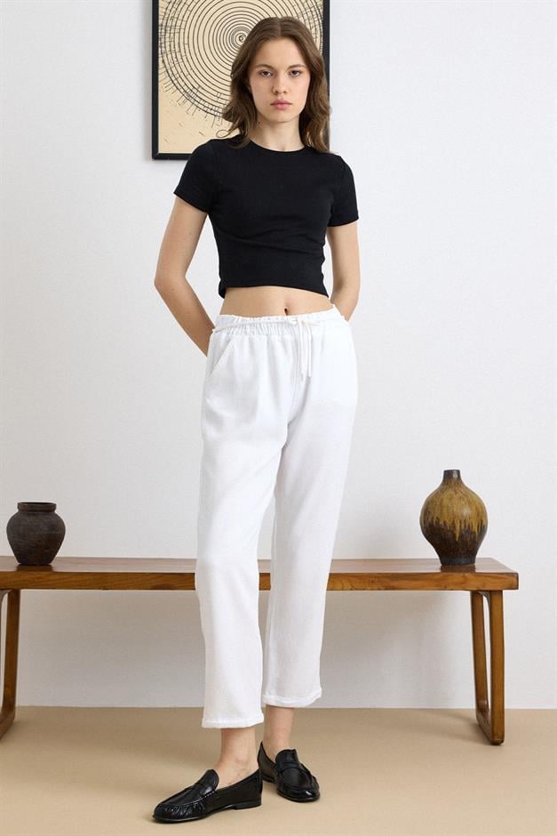 Bağcık Detaylı Beli Lastikli Soft Denim Pantolon BEYAZ 7586