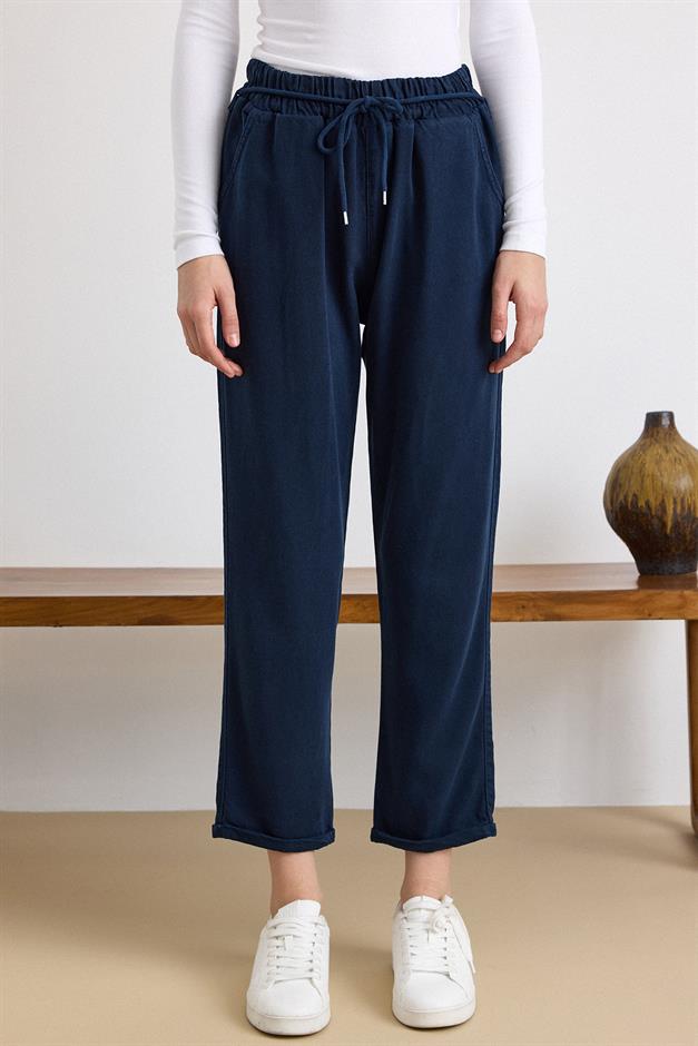 Bağcık Detaylı Beli Lastikli Soft Denim Pantolon LACİVERT 7586