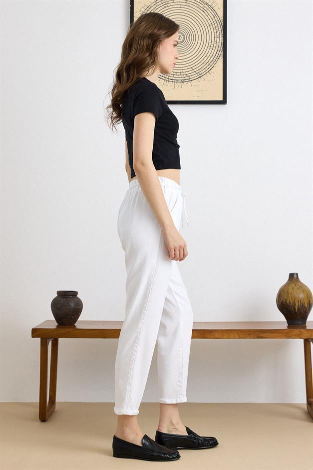 Bağcık Detaylı Beli Lastikli Soft Denim Pantolon BEYAZ 7586