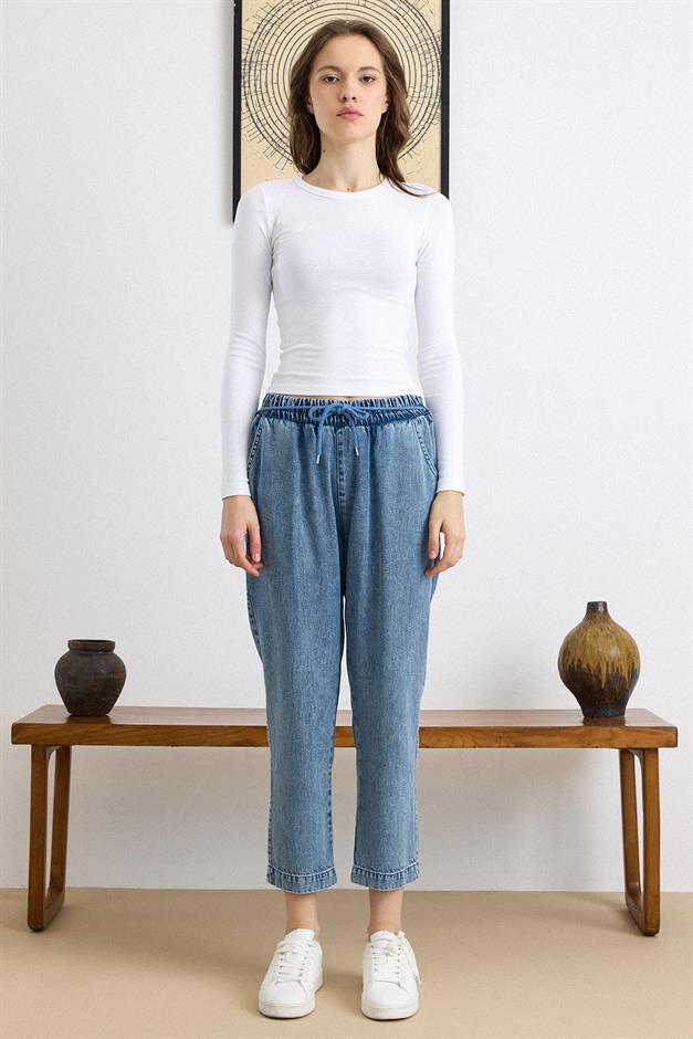 Bağcık Detaylı Beli Lastikli Soft Denim Pantolon MAVİ 7586
